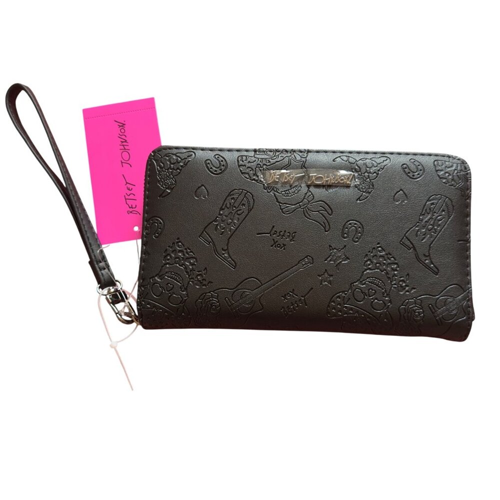 Betsey Johnson Black Western Embossed Zip-Around Wallet With Wristlet Strap Card
